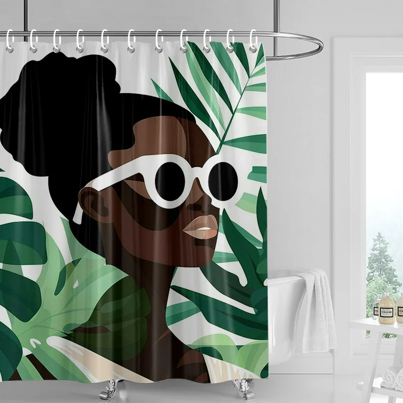 Nordic Simple Style Morandi Shower Curtain Abstract Plant Character Pattern Bathroom Bathtub Dual-Use Shower Curtain