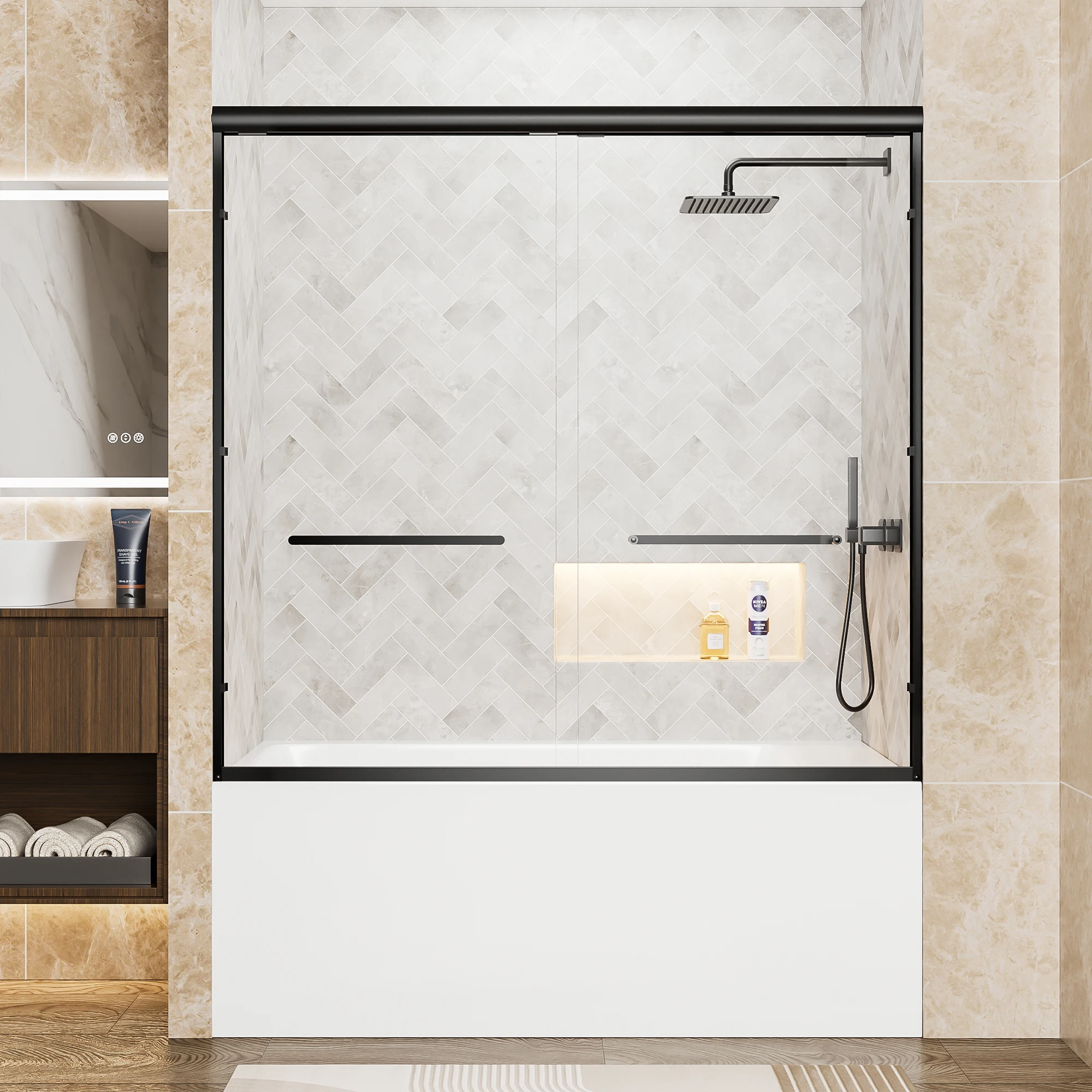 

SH.KL 60 дюймов Ш x 57 дюймов В матовая черная алюминиевая рама, двойная раздвижная душевая дверь, закаленное стекло 1/4 дюйма (6 мм), взрывозащищенная пленка