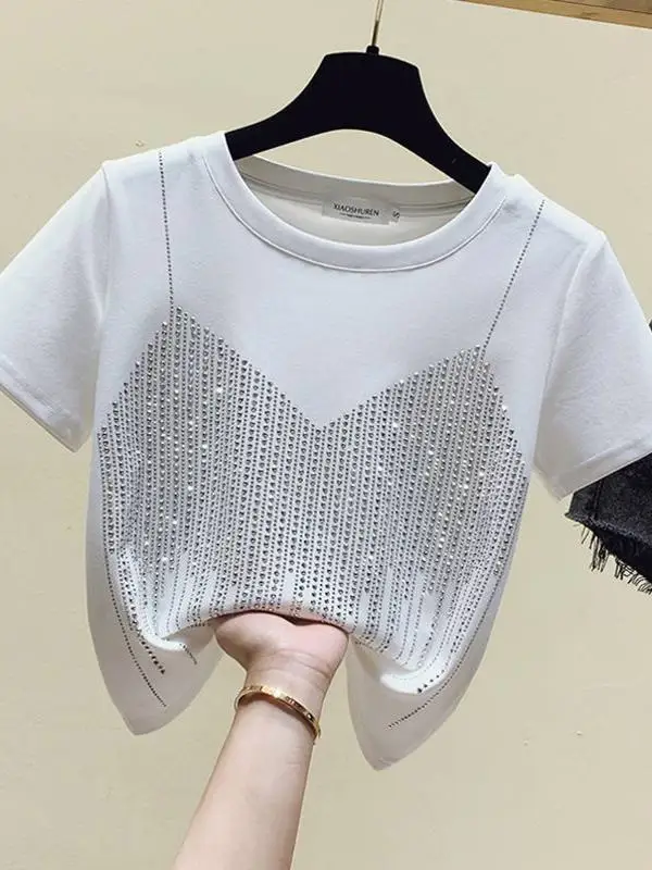 تي شيرت نسائي قصير الأكمام من القطن الخالص بتصميم ضيق ومرصع بأحجار الراين، مناسب للصيف، مقاس صغير، عصري وشبابي.