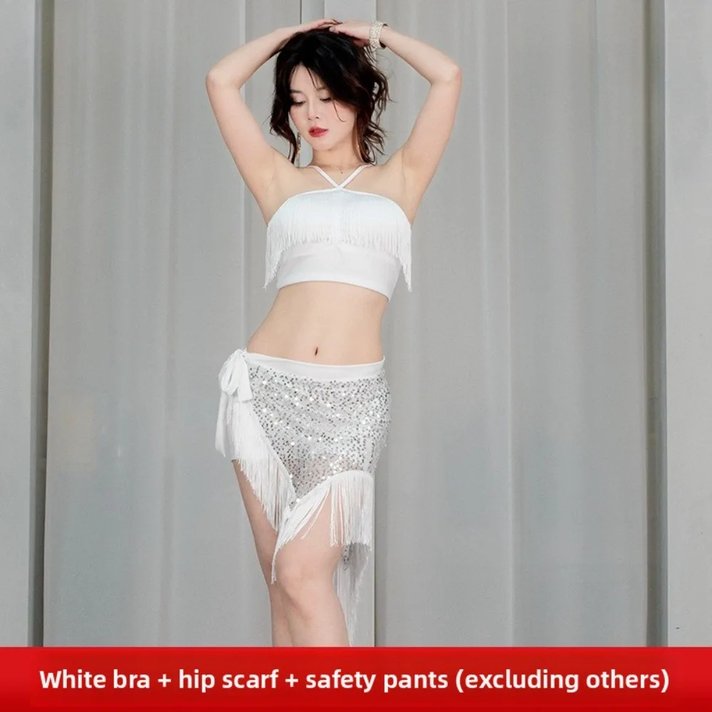 Belly Dance Costume 3-Piece Set: Bra Top, Fringe Hip Scarf & Safety Shorts - Practice Wear for Training & Stage Performance