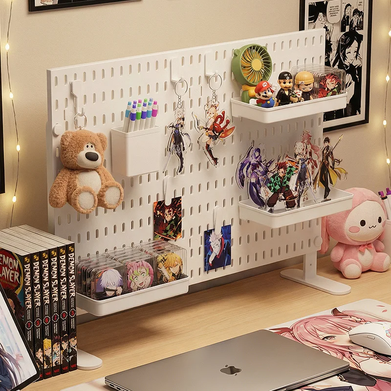 no-drill-desktop-pegboard-shelf-for-anime-gaming-room-figure-keychain-badge-stationery-fan-storage-organizer-hooks