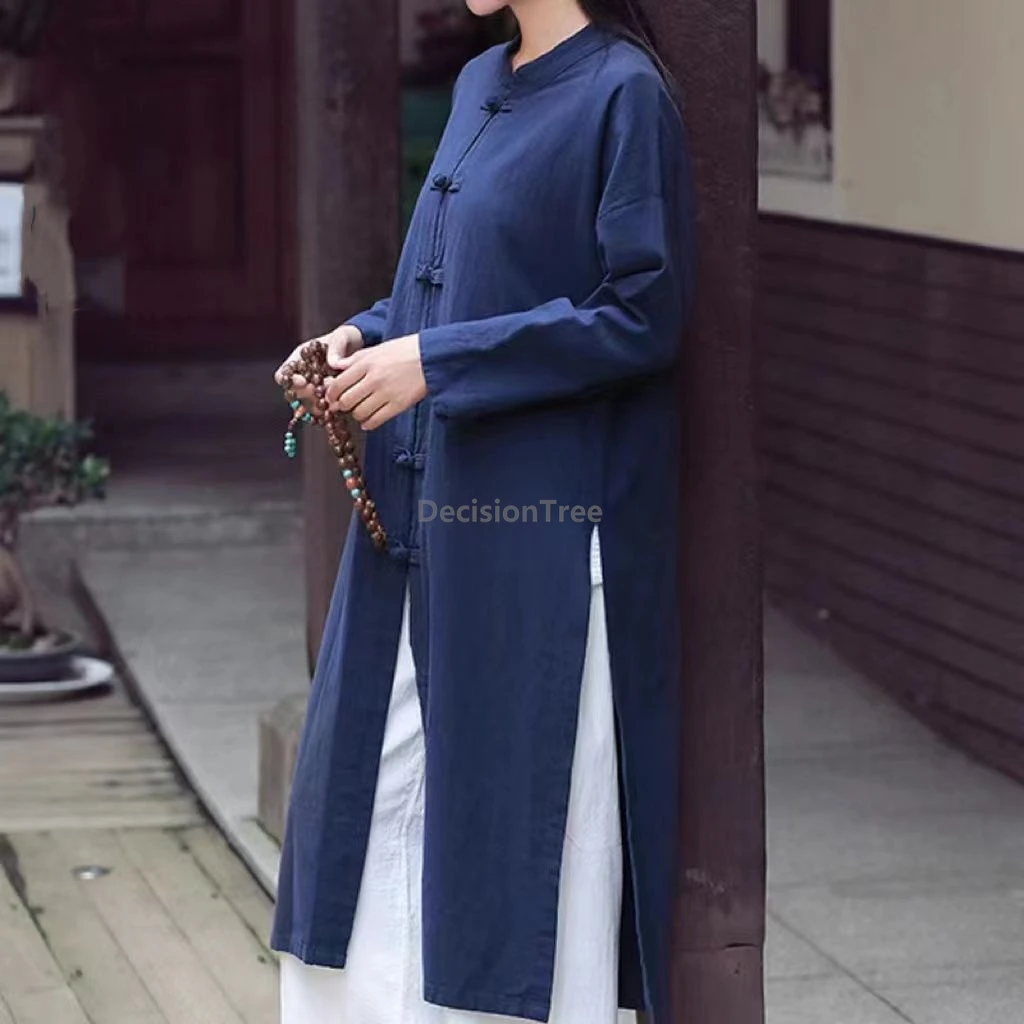 

2025 cotton linen long sleeved windbreaker fashionable temperament slit chinese zen top chinese ethnic style tai chi cardigan