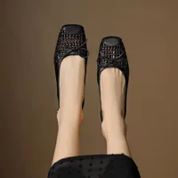 Retro leather square-toe woven high-heeled sandals, 2025 summer fashionable breathable single-buckle thick-heeled women's shoes - Image 6