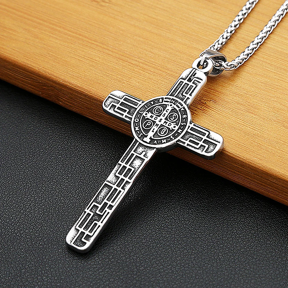 Vintage Stainless Steel Catholic Jesus Cross Necklace For Men Women Saint Benedict Cross Pendant Fashion Amulet Jewelry Gifts