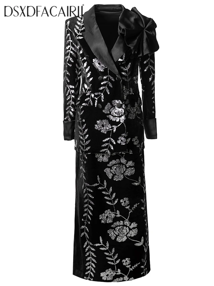 DSXDFACAIRIJ Women's Appliques Turn-Down Collar Double-Breasted coat+Long Skirt Velvet Sequins Embroidery Vintage Two-Piece Set