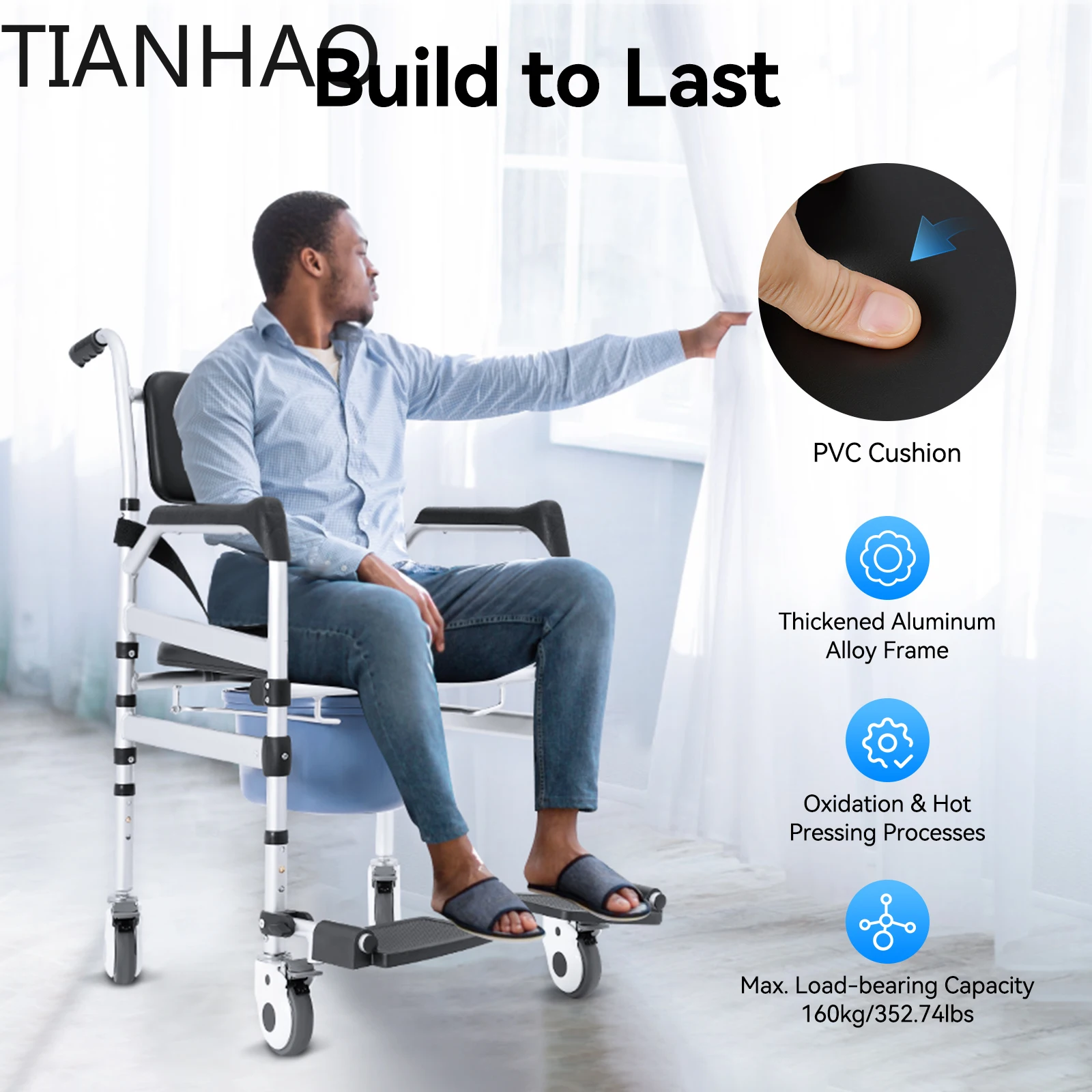 Shower and Toilet Chair for Elderly,Shower Wheelchair 160kg Load with 4 Lockable Wheels & Safety Belt for Home Use