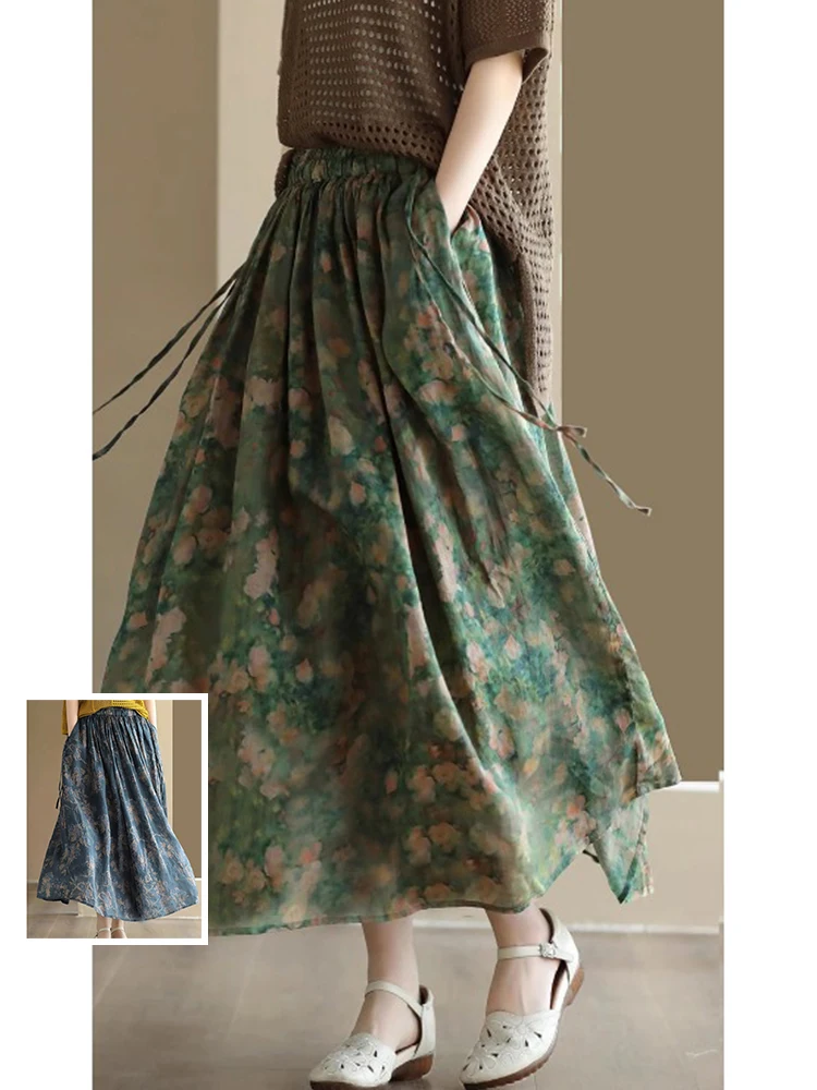

Flowing Color Printed A-Line Skirt with Dstring Large Size Women's Clothing Conceals Hip Floral Print Casual Long Skirt