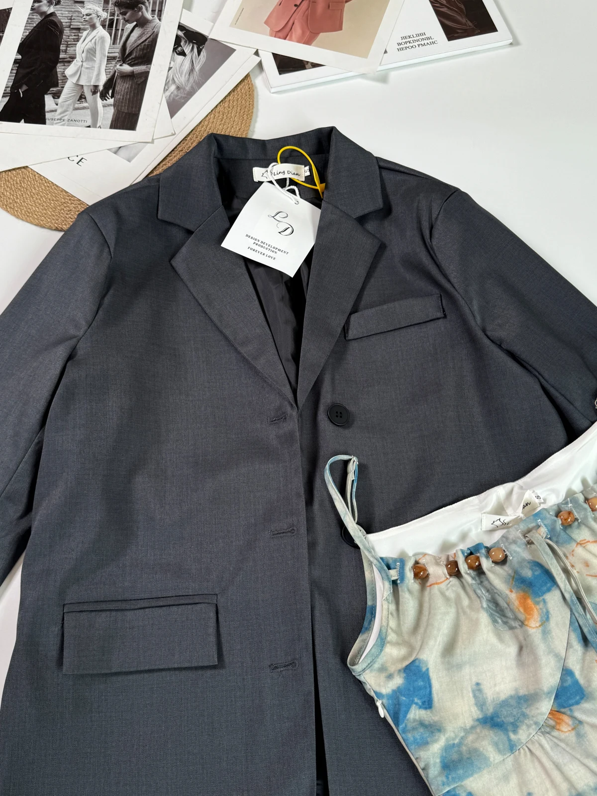 Outono 2024 nova aquarela feminina adient cinta dr com terno ort jaet conjunto de duas peças sentimento high-end casual wear