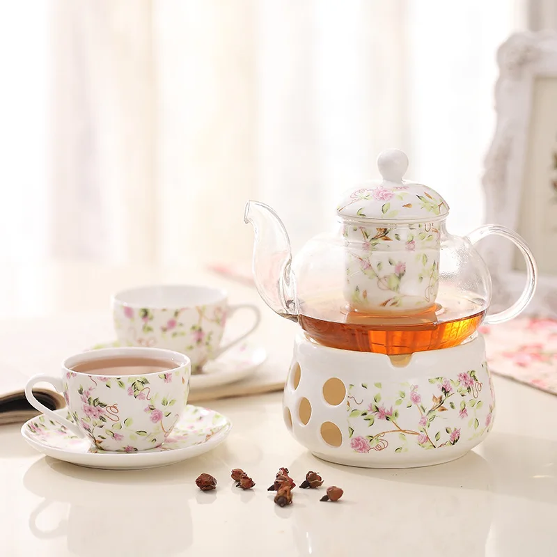 

Flower tea set 1 pot 2 cups saucer set afternoon tea flowers, fruits, fruits and flowers teapot heat-resistant candle heating