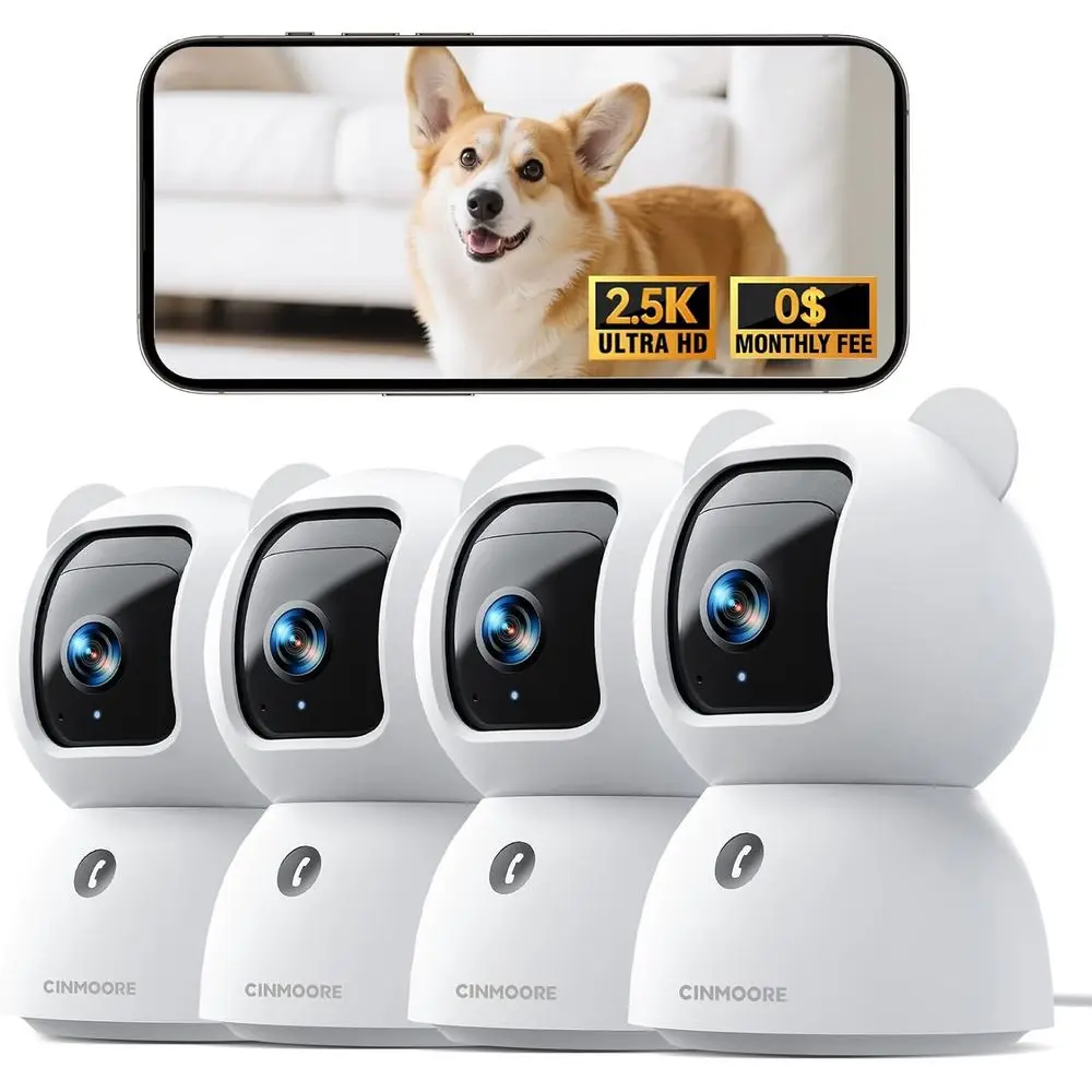 

4-Pack 2.5K Indoor Security Cameras with AI Detection, 4MP Pet/Baby Monitoring, Pan/Tilt, Night Vision, and Two-Way Audio for Ho