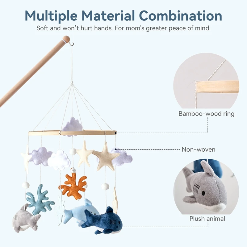 Juguete móvil de madera para cuna de bebé, sonajero con campana para cuna de bebé, juguete de fieltro suave con dibujos de tiburones, colgante móvil para cuna de recién nacido, soporte para campana