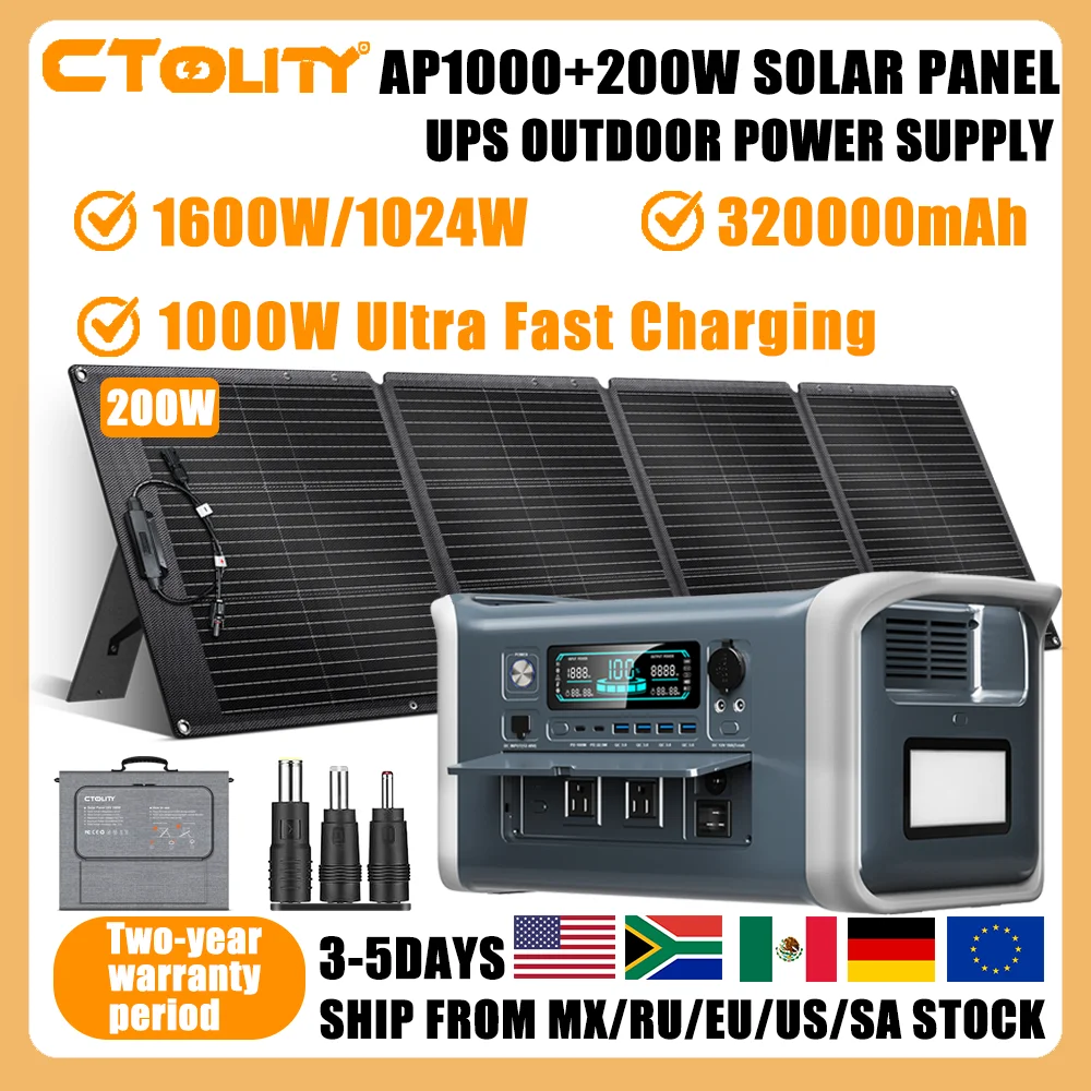 

CTOLITY AP1000 1600W 1024Wh 110V Portable Solar Generator SPC200 200W ETFE Material Solar Panel Lifepo4 Battery Power Station emergency Supply