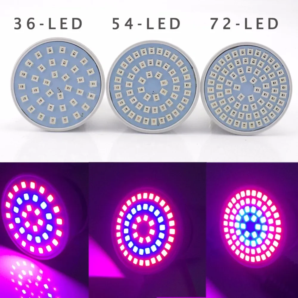 LED Plant Grow Light for Indoor Greenhouse, 36/54/72 LEDs, E27 AC Cable Set - Hydro Vegetable Flower Phyto Lamp