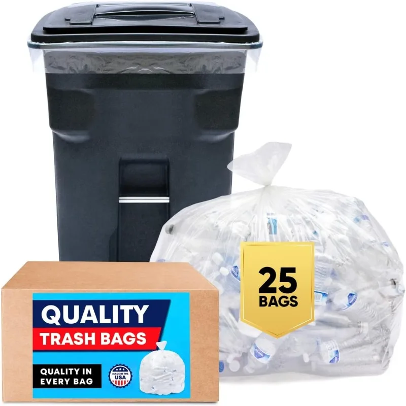 202595 Gallon Trash Bags Clear (Huge 25 Count w/Ties) 95-96 Gallon Extra Large Trash Bags, Clear Recycling Trash Bags, 90 Gallon