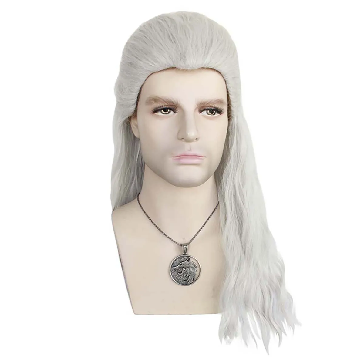 Parrucca per capelli ondulati bianchi argento Cosplay Geralt da uomo di Halloween
