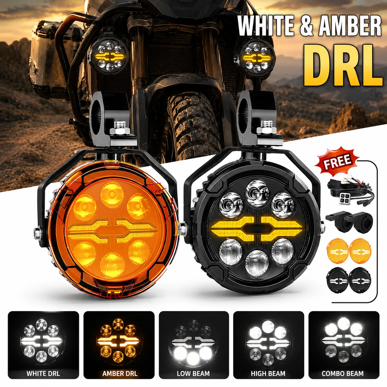 BraveWAY 4,5 Zoll Motorrad-LED-Zusatzscheinwerfer 6 Modi Fern- und Abblendlicht Weiß-Amber DRL IP68 Spot-Flutlicht-Nebelscheinwerfer Stroboskop für Motorrad-Offroad-Einsatz