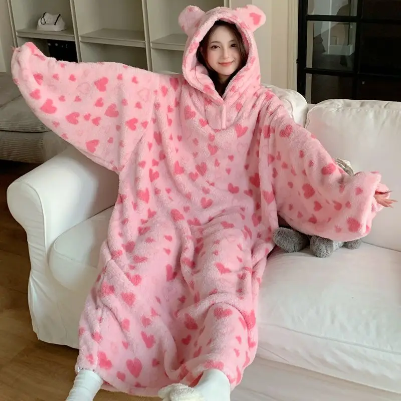 

Женская утолщенная одежда для сна из кораллового флиса, осенне-зимняя длинная ночная рубашка, милый плюшевый халат, пижама с капюшоном, теплая фланелевая одежда для дома