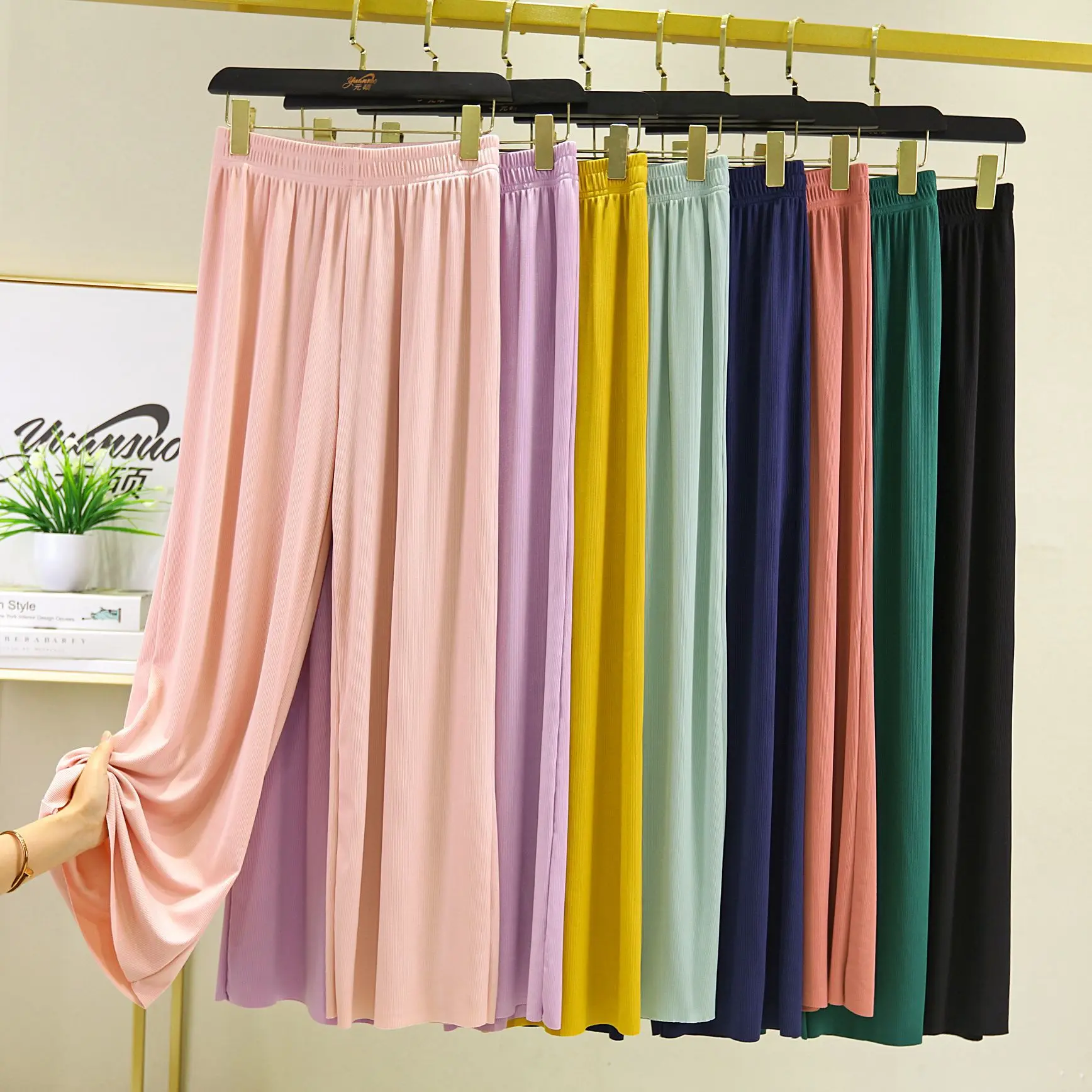 Icesilk Wide leg pants High waist Casual trousers Solid color Slimming Long pants plus size High elastic Homewear pants