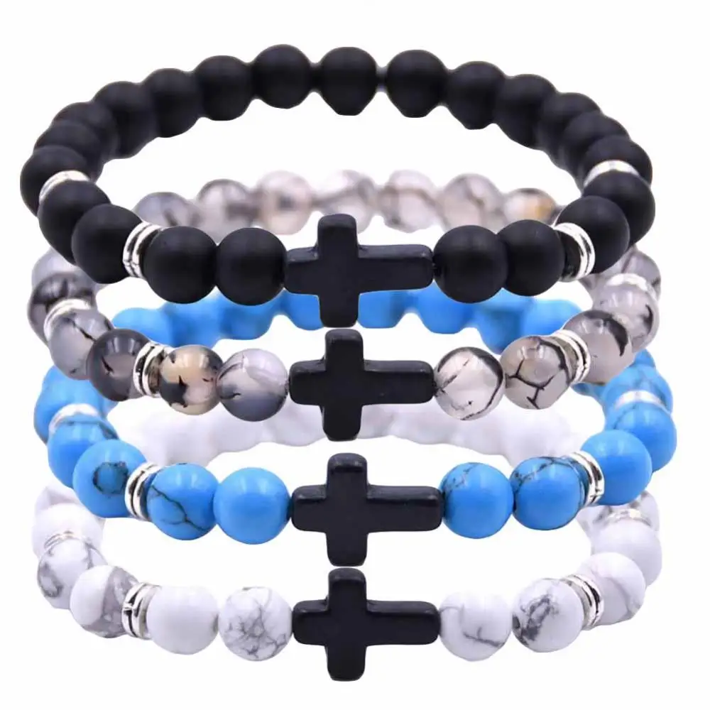 Fashion Unisex 6 Colors Cross Charm Elastic Rope Bracelet Stone Bangle Jewelry Bracelets On Hand Bangles For Women Men