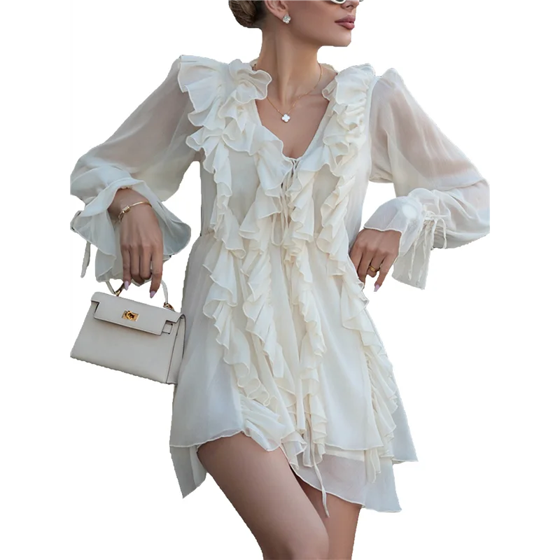 Abiti da sole per donna 2025 Mini abiti Boho Abito casual a maniche lunghe con volant Abiti da cerimonia per le donne