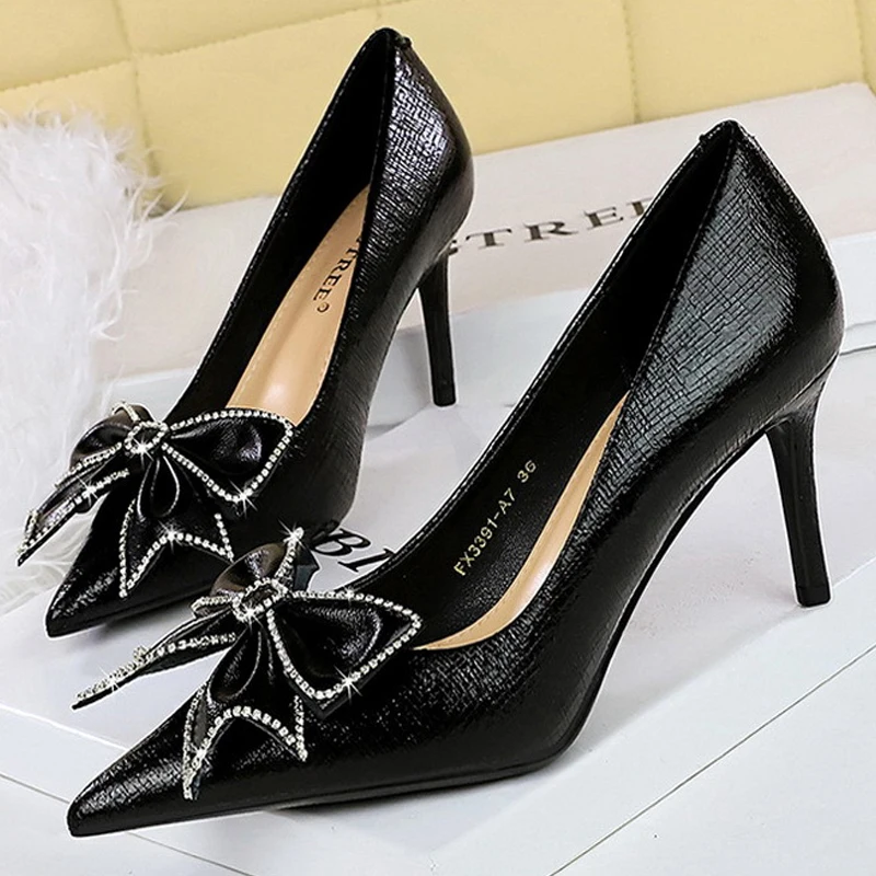 BIGTREE Shoes Women 7cm 10cm Heels Sharp Pointed Rhinestone Bow Women Pumps Luxury Banquet Shoes Stilettos Lady Wedding Shoes