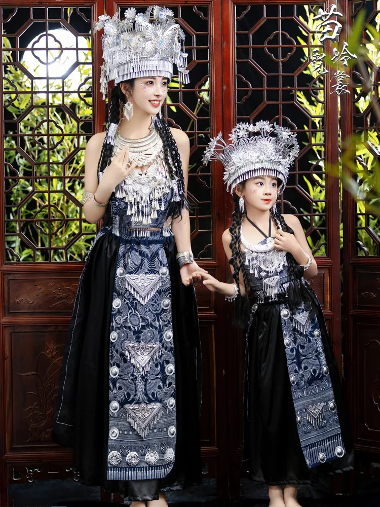 

Parent-Child Batik Dress of Miao Minority Guizhou Silver Hat Collar Stage Performance and Show Ethnic Studio Trip Shoot