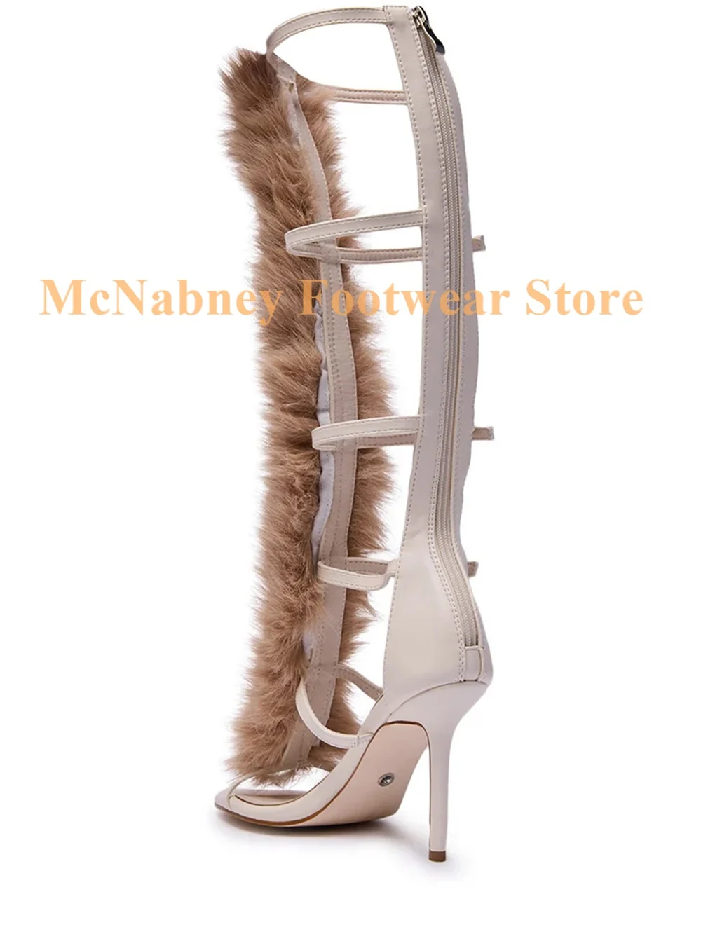 Lvory الفراء مثير كعب ستيليتو الصنادل الرومانية المفتوحة اللوز تو الركبة عالية الصنادل قابل للتعديل زر حزام الخلفية سستة إغلاق #5