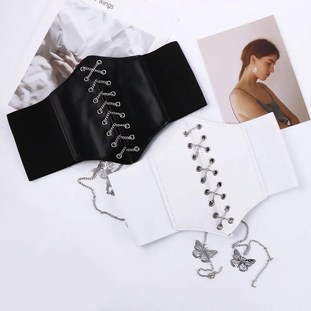Female Simple Korean PU Leather Dress Corset Female Waistband Waist Belt Butterfly Chain Cummerbunds