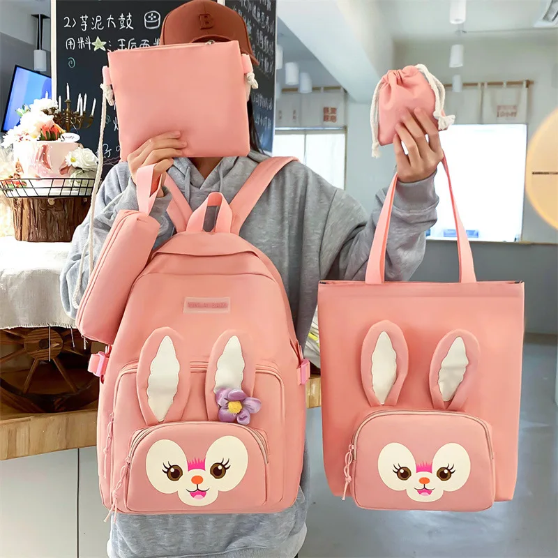 2024 Disney New Cartoon Sweet and Cute Rabbit Backpack Large Capacity Durable Five Piece Set Oxford Cloth Backpack