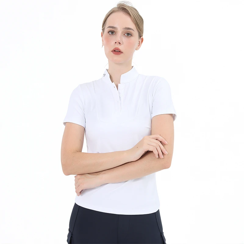 M شعار الفروسية تي شيرت قصير الأكمام بلايز ركوب الخيل ملابس النساء زر التدريب متسابق بلوزة عرض المنافسة #5