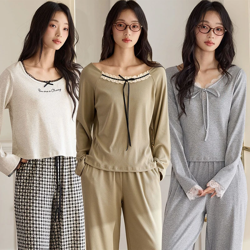 

2025 Autumn Long Sleeve 100% Cotton Pajama Sets for Women Korean Loose Sleepwear Suit Pyjamas Homewear Pijama Mujer Home Clothes