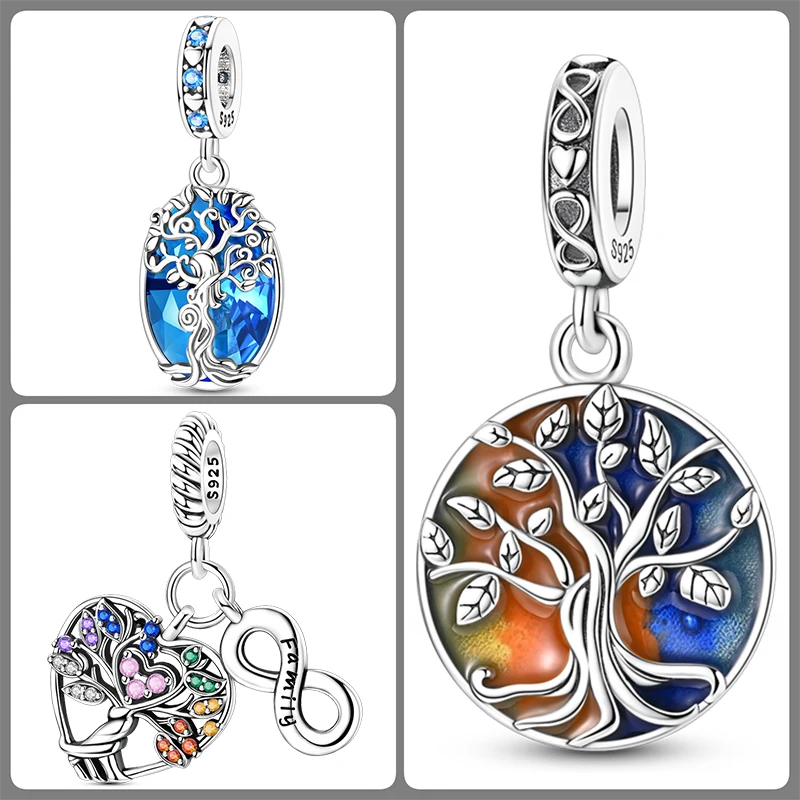 3-teiliges 925 Sterling Silber Lebensbaum-Charm-Set Familienbaum Herz Mond Sonne Schmetterling DIY Original Armband Halskette für Frauen – Detail 17