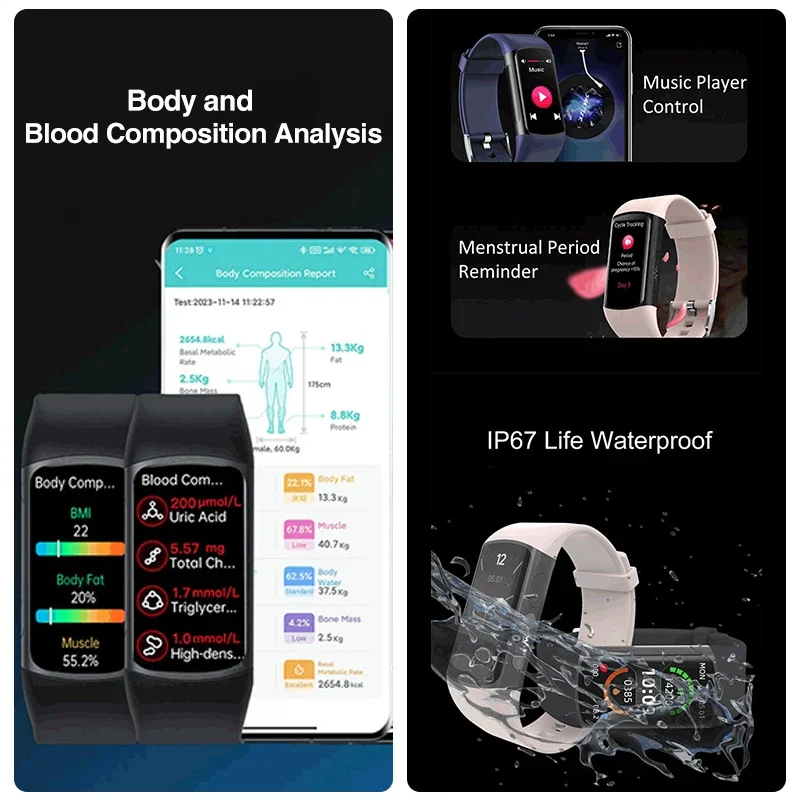 Montre intelligente de qualité médicale pour femme, AMOLED, sucre dans le sang, graisse, fréquence cardiaque, détecteur d'acide urique, appel BT, montre intelligente originale, santé, nouveau, 2024