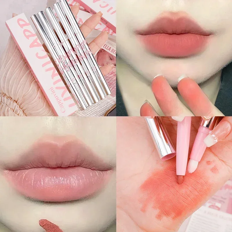 Double-end Nude Brown Lip Liner ดินสอพร้อมแปรงกันน้ํา Long Last สวมใส่ง่าย Non-stick Cup ลิปสติกปากกาความงามเครื่องสําอาง