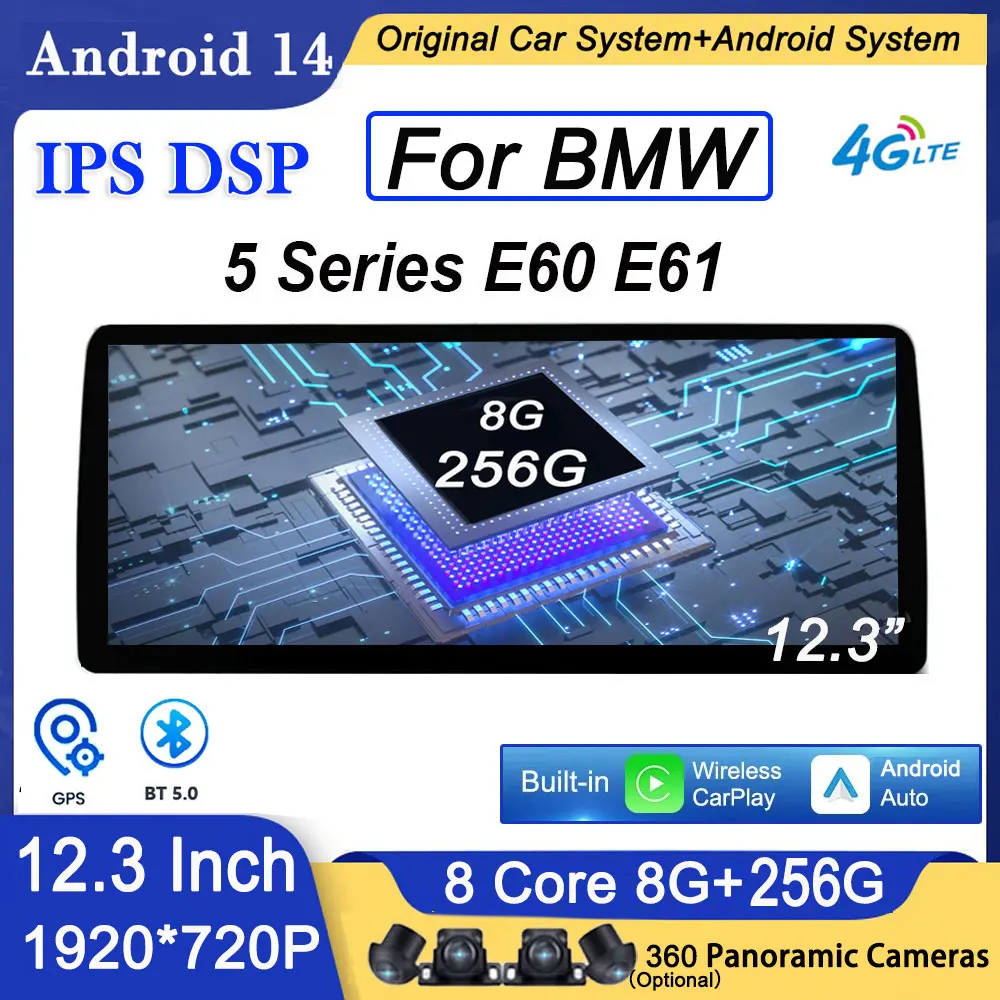 12.3 Inch IPS Screen Android 14 For BMW 5 Series  E60 E61 CIC CCC System 4G LTE Car GPS Navigation Video Radio Player Multimedia