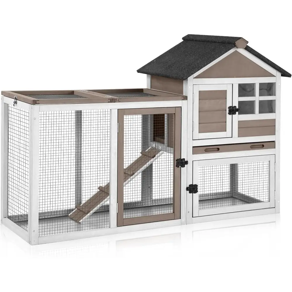 Large Rabbit Hutch with Chew-Proof, Small Chicken Coop with Run, Outdoor Indoor Bunny Cage Guinea Pig House Leak-Proof Tray Brow