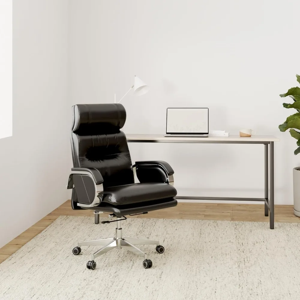 كرسي مكتب جلدي فاخر عالي الظهر مع قاعدة دوارة وإمالة 90-150 درجة، يدعم ما يصل إلى 360 رطل