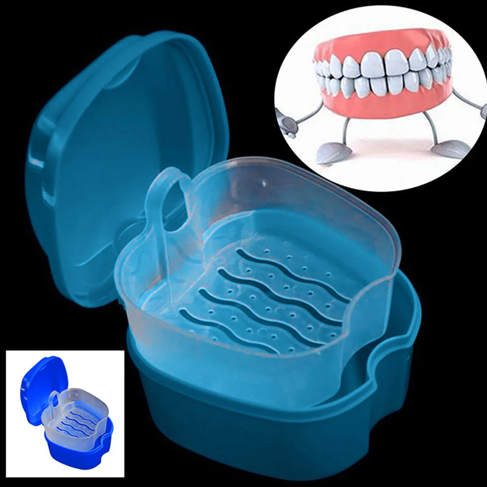 Plastic Denture Bath Box Organizer False Teeth Storage Box with Hanging Net Container Cleaning Artificial Teeth Cases