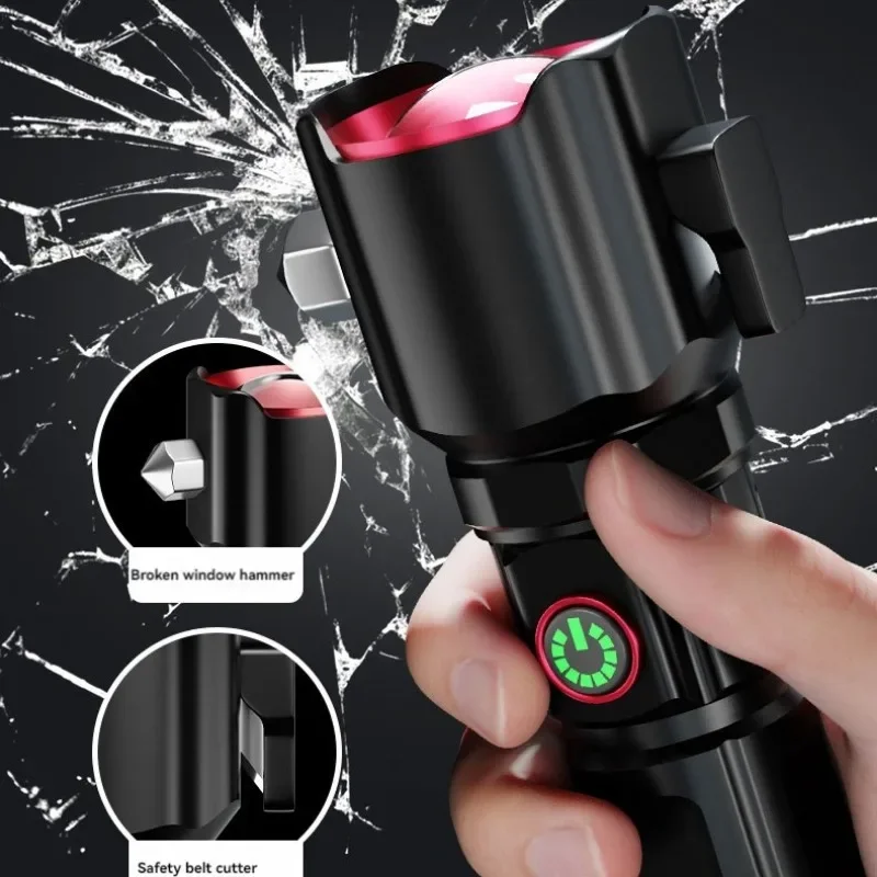 

Long-distance Shooting Zoom Flashlight Strong Light Portable Broken Windows Hammer Aluminum Alloy Body Emergency Flashlight