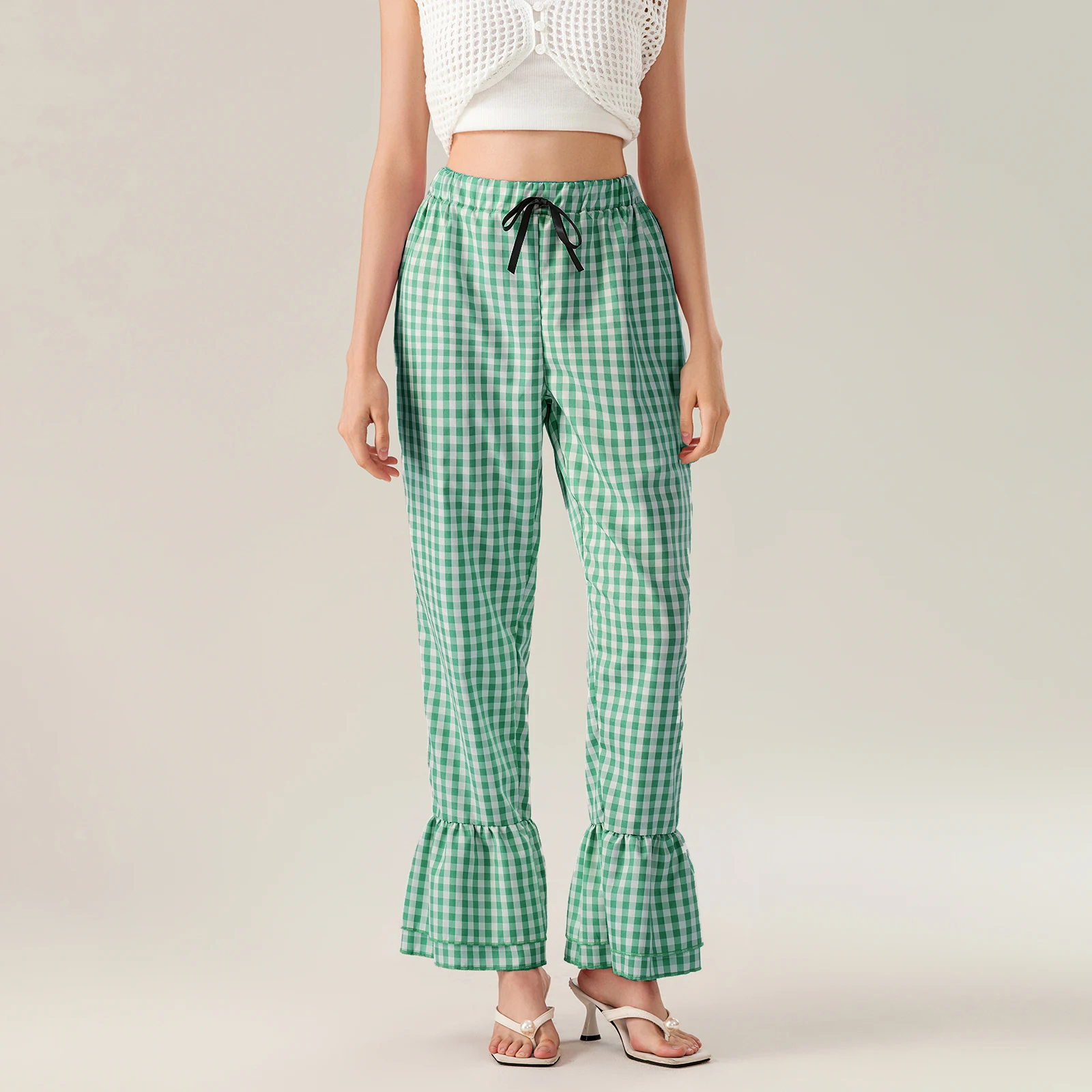 Women Plaid Print Flared Pants Tiered Ruffled Legs Bow Elastic Waistband Full Length Pull-On Trousers