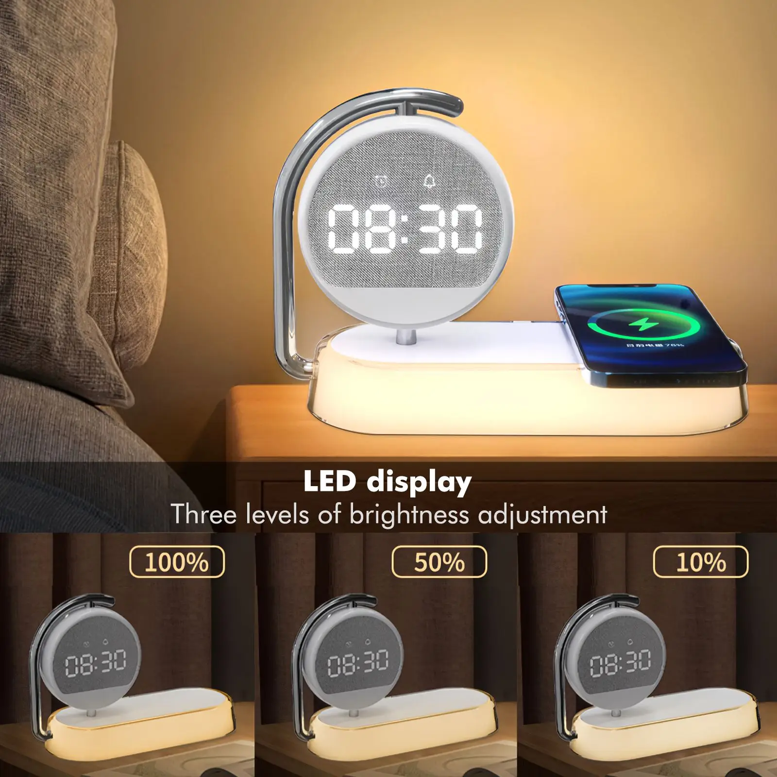 

Multifunction Wireless Fast Charging Pad Stand Clock LED Desk Table Lamp Dimming Night Light Desktop Alarm Clocks For Phone