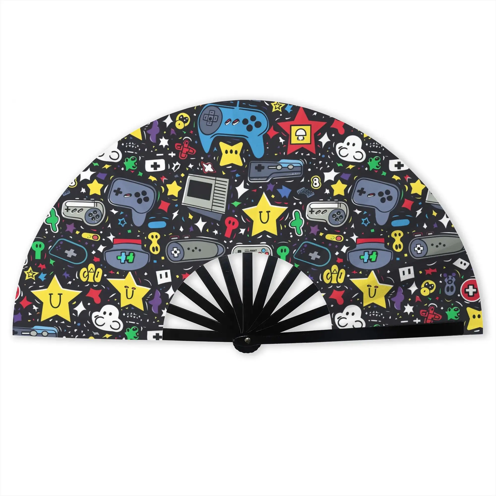 Video Joystick Game Gamer Play Gaming  Folding Hand Fan  Polyester Fabric Fan Cool Summer Accessory Decorative Fans