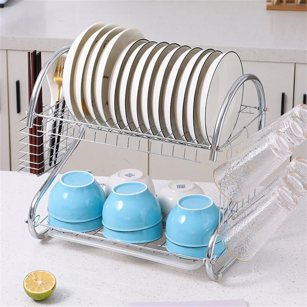 2 Tier S-Shaped Dish Bowl Drainer Storage Rack Kitchen Dish Drying Rack with Drain Basket Countertop Dinnerware Organizer Drainb