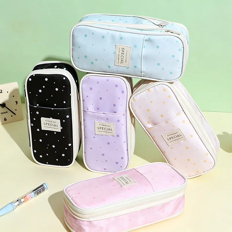 Portable Multi-layer Cute Polka Dot Pencil Case, Large Capacity Daily Storage Bag, Multiple Compartments for Student Stationery.