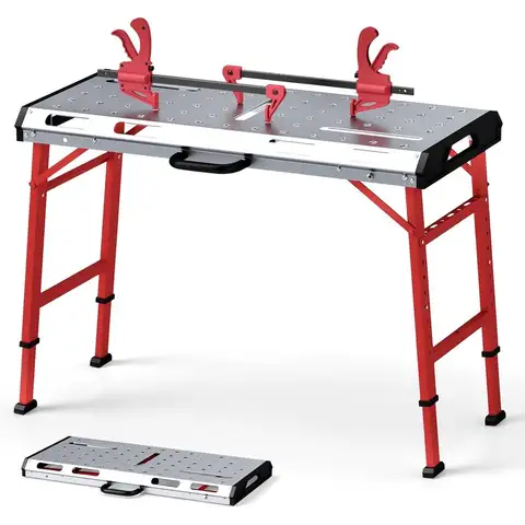 Adjustable Height Folding Welding Table, 42x21, 1000lb Capacity, 2 Clamps, 8 Slots, Garage Workbench