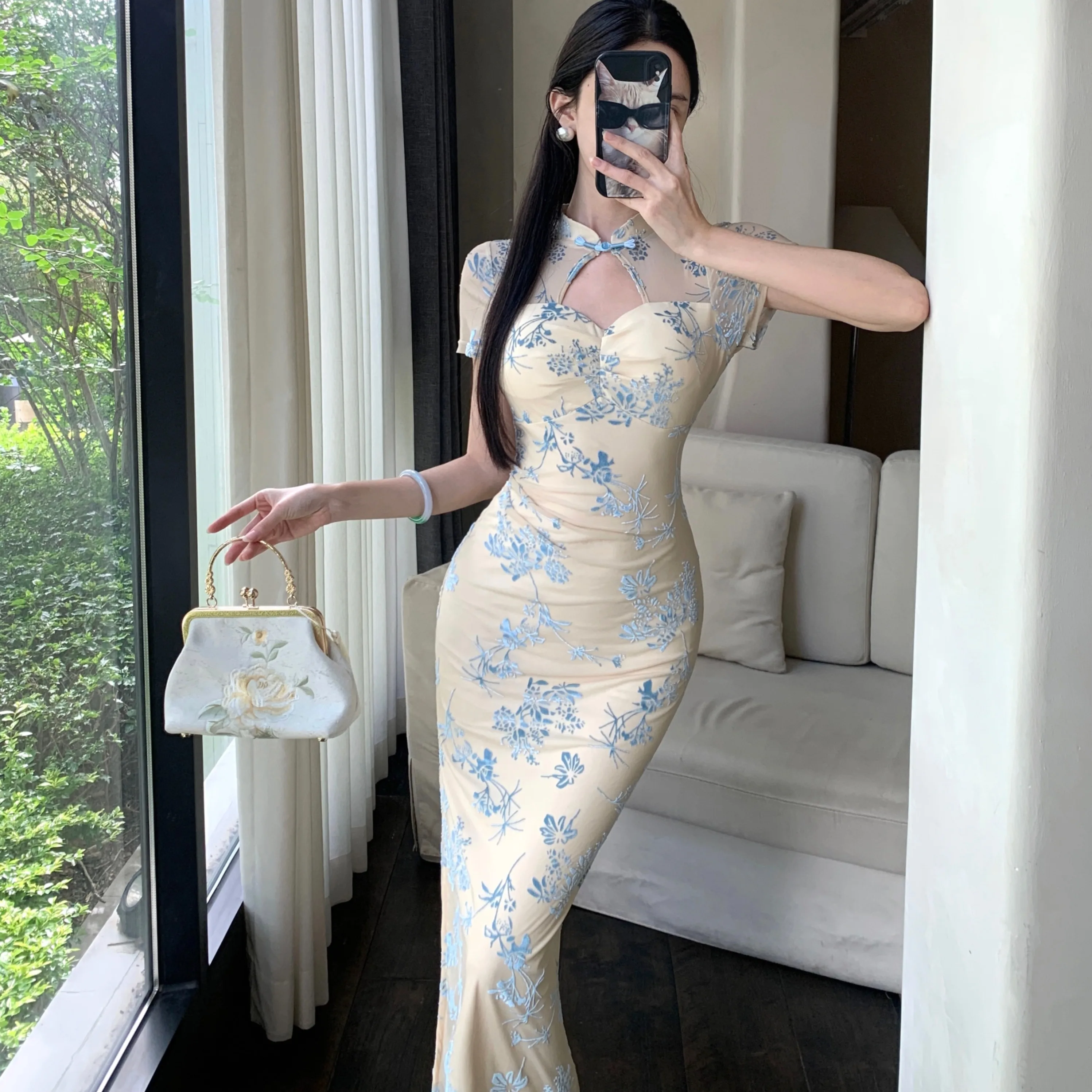 Novo chinês sle bordado ort sve qipao dr feminino retro sexy bodycon saia longa fibra de poliéster verão dr
