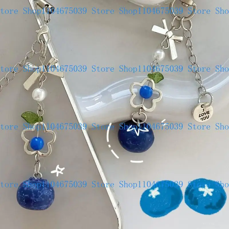 Cute Blueberry Design Phone Strap Keychain For Bags Keys User Friendly Soft Rubber Alloy Metal Sturdy Decoration Gift For Women