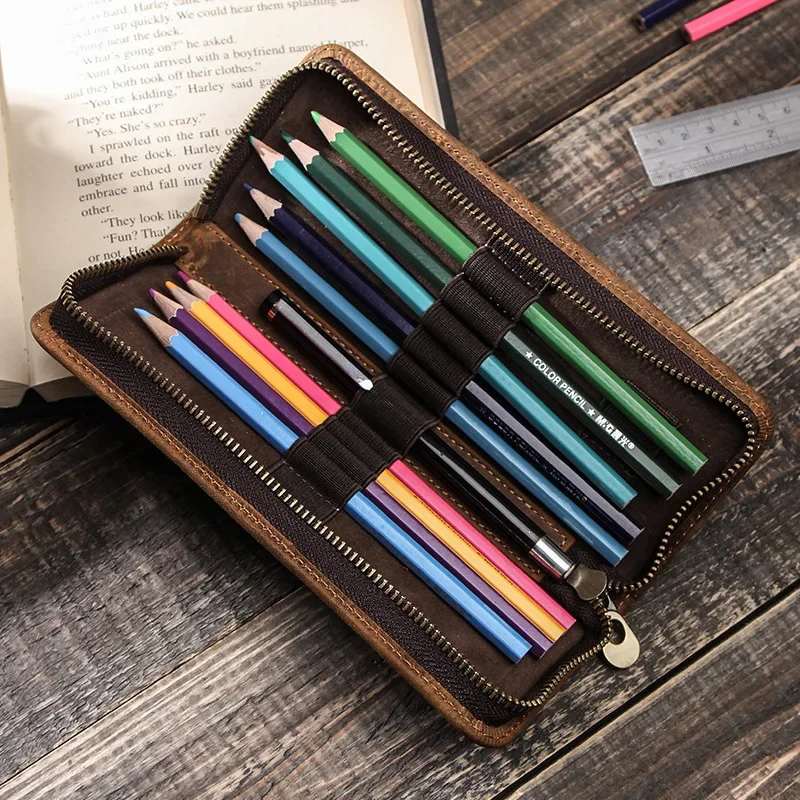 

Luxury Genuine Leather Zipper Handcrafted Pencil Case Painting Sketch Color Pencil Pen Bag Stationery Office School Supplies