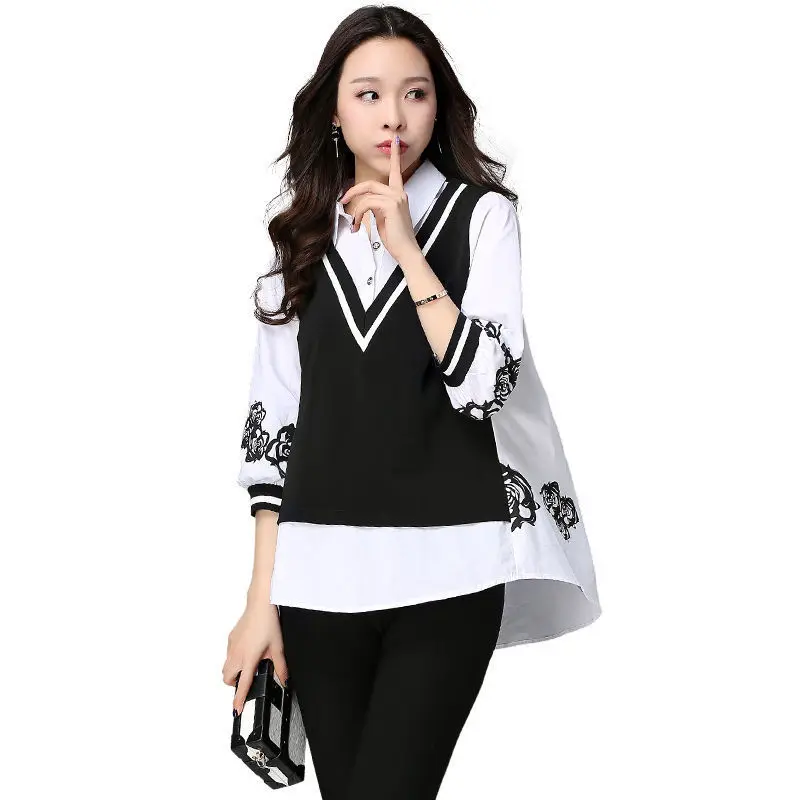 Fashion Loose 3/4 Sleeve Pullovers Ladies Office Lady Turn-down Collar Tops 2023 New Patchwork T-Shirts Buttons Women\'s Clothing