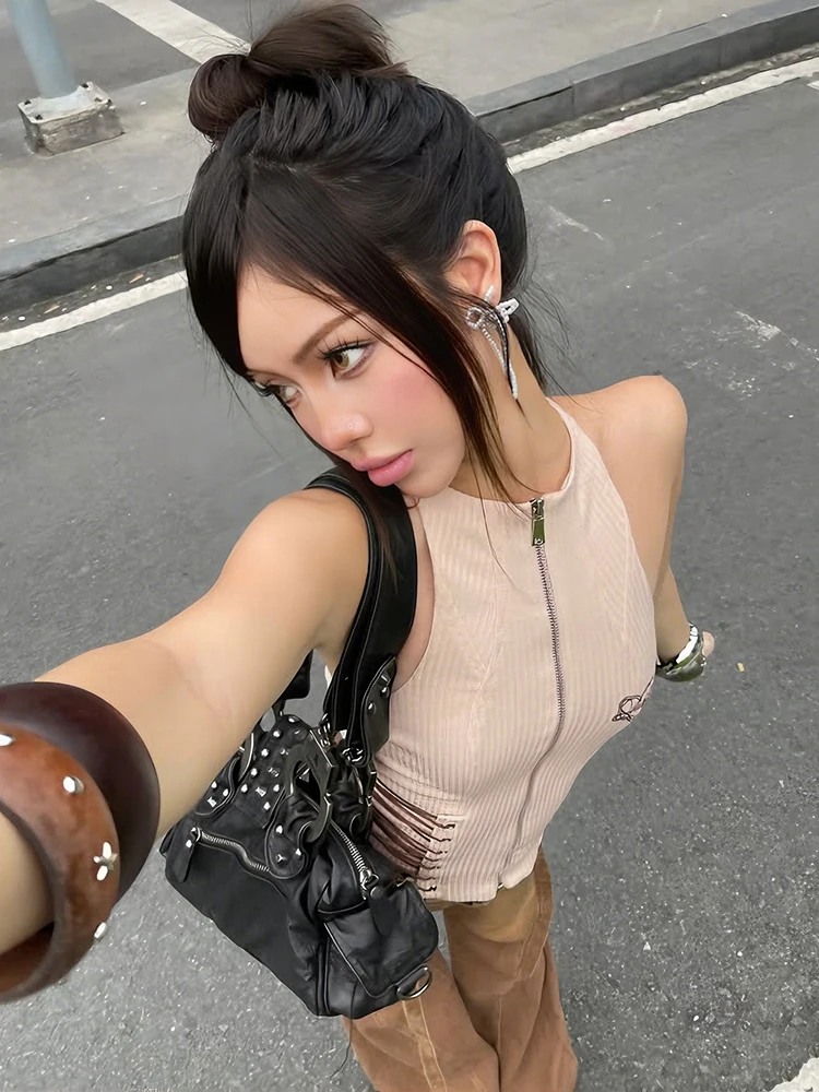 

Whatiwear Zipper Tank Top Women Hottie Shirring Classic Sexy Sleeveless Street Classic Summer Trend Cubwear Stretch Simple Vest